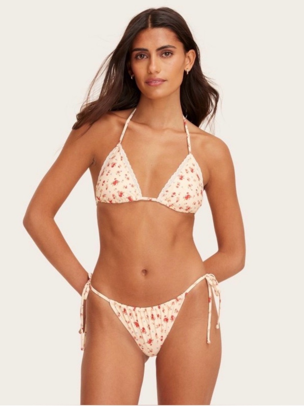 Parke x Target Women's Eyelet Trim Triangle Bikini Set- Cream Floral- NWT
